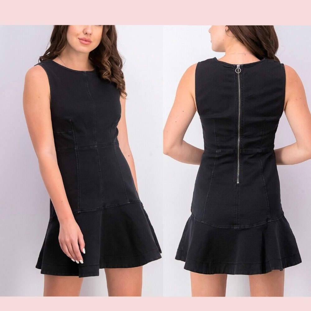 NWT $108 Free People [ 2 ] Alex Flare Denim Mini Dress in Washed Black‎